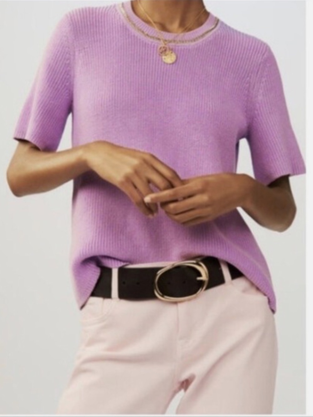 MAJE Women's Short Sleeve Knit Top with chain detail in Lavender